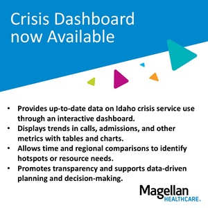 Image explaining what the new crisis dashboard does. Highlights include: Providing up-to-date data on the Idaho Crisis system. Displays trends in calls, admissions, and other metrics. Allows time and regional comparisons. Promotes transparency and supports data-driven planning and decision-making. 